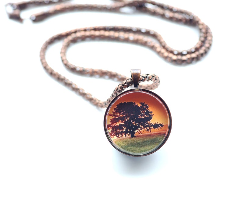 Sunset Landscape With A Single Tree, Vintage Copper, Digital Art Necklace image 1