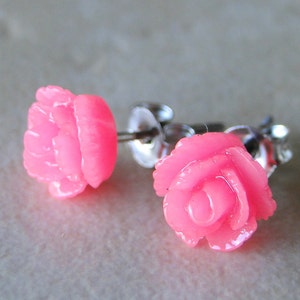 Hot Pink Carved Rose Silver Plated Studs image 1