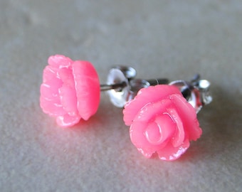 Bright Pink Carved Rose Silver Plated Studs