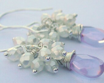 Sterling Silver Wire Wrapped Earrings With Lavender Teardrop Crystal Quartz  With Pearlised Czech Glass