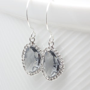 Charcoal Glass Earrings With A Shiny Silver Tone Chain Frame image 2