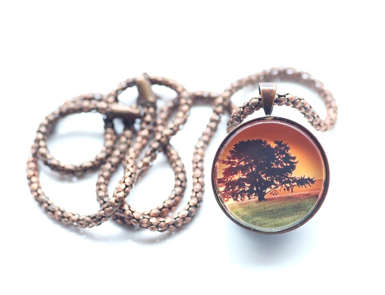 Sunset Landscape With A Single Tree, Vintage Copper, Digital Art Necklace image 2