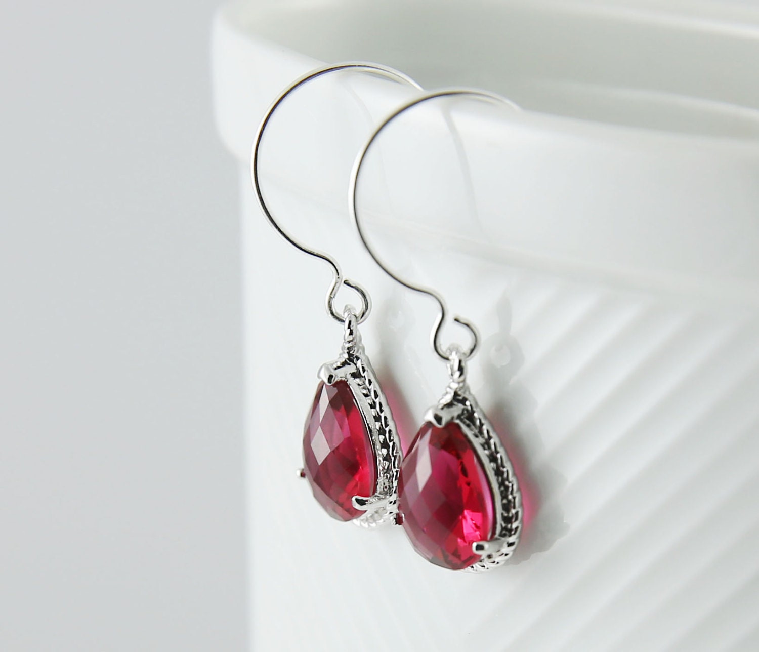 Red Glass Earrings With A Shiny Silver Tone Frame - Etsy
