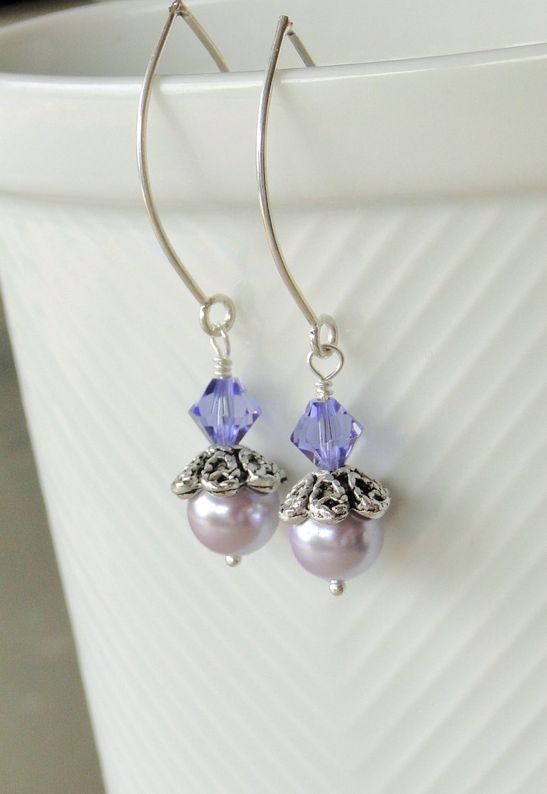 Lilac Glass pearlised Earrings Topped With A Sparkling Purple Swarovski Crystal image 3