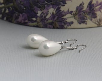 White Shell Pearl Teardrop Earrings, Wedding Jewelry, Wedding Earrings, Bridesmaid Jewelry