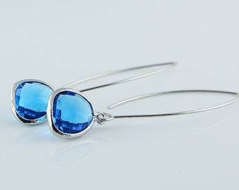 Mediterranean Blue Glass Earrings, Silver Tone Framed Teardrop Earrings