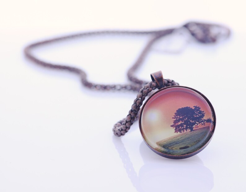 Landscape Image Necklace, The Old Oak Tree At Sunset, Vintage Copper, Photography, Photo Jewelry image 4