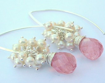 Sterling Silver Wire Wrapped Earrings With  Rainbow Opalite Briolettes Accompanied By Pale Pink Freshwater Pearls