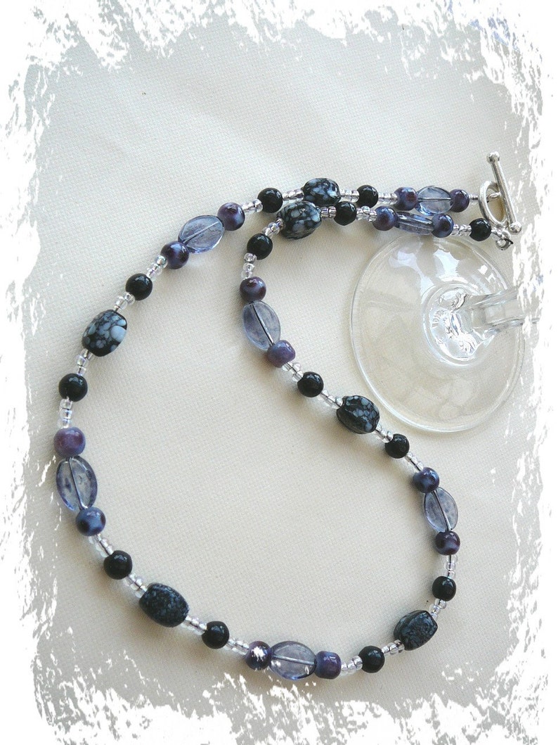 Glass Beads In Black, Mauve And White Necklace Pit Stop image 3