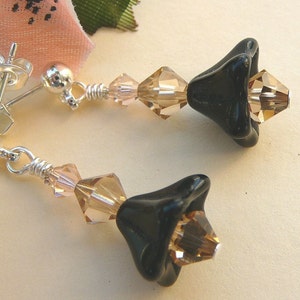 Black Trumpet Flowers Teamed With Topaz And Pale Pink Swarovski Crystals Earrings