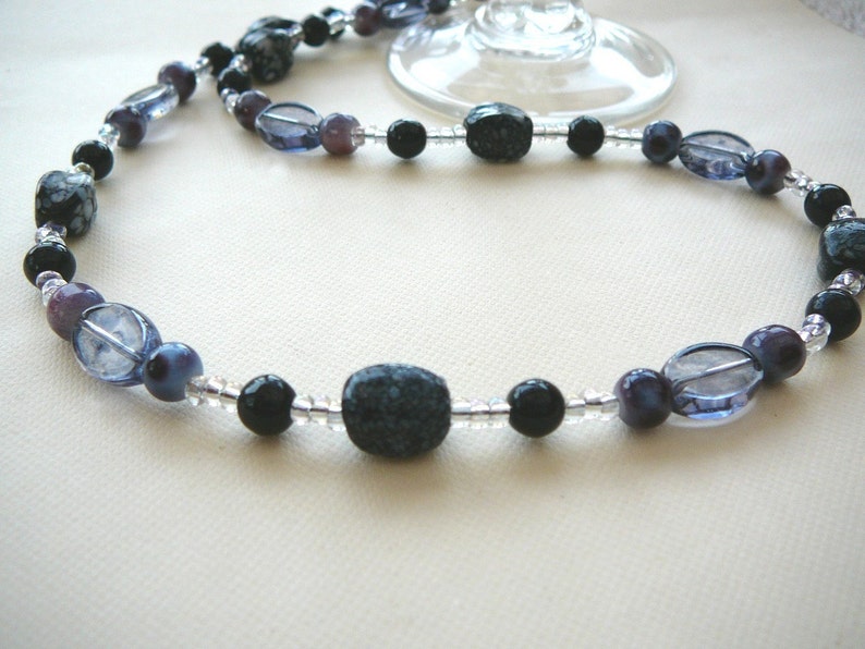 Glass Beads In Black, Mauve And White Necklace Pit Stop image 1