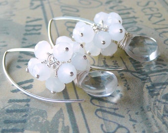 Clear Quartz Briolettes And Matt White Crystal Glass Sterling Silver Wire Wrapped Earrings, Snowdrops And Icicles