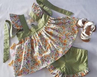 Green Floral Top And Shorts, Green Polka Dots, Girls Short And Top Set, Green Toddler Shorts And Green Toddler Top