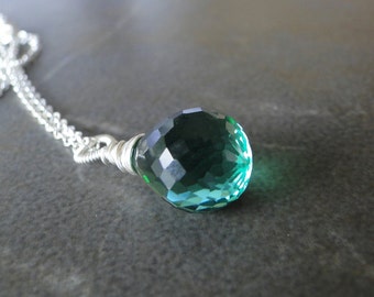 Green Amethyst Briolette Wire Wrapped Necklace On A Sterling Silver Chain