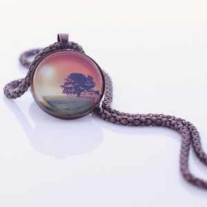 Landscape Image Necklace, The Old Oak Tree At Sunset, Vintage Copper, Photography, Photo Jewelry image 1