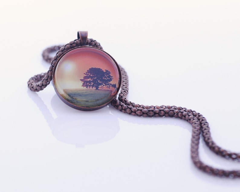 Landscape Image Necklace, The Old Oak Tree At Sunset, Vintage Copper, Photography, Photo Jewelry image 1