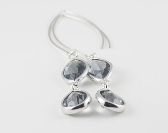 Charcoal Glass Earrings, Silver Tone Framed Teardrops