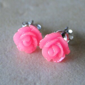 Hot Pink Carved Rose Silver Plated Studs image 4