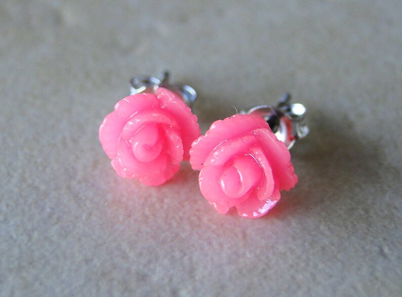 Hot Pink Carved Rose Silver Plated Studs image 4