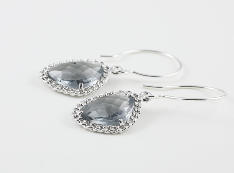 Charcoal Glass Earrings With A Shiny Silver Tone Chain Frame image 3