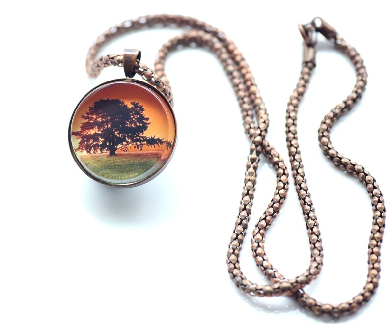 Sunset Landscape With A Single Tree, Vintage Copper, Digital Art Necklace image 3