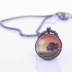 Landscape Image Necklace, The Old Oak Tree At Sunset, Vintage Copper, Photography, Photo Jewelry image 2