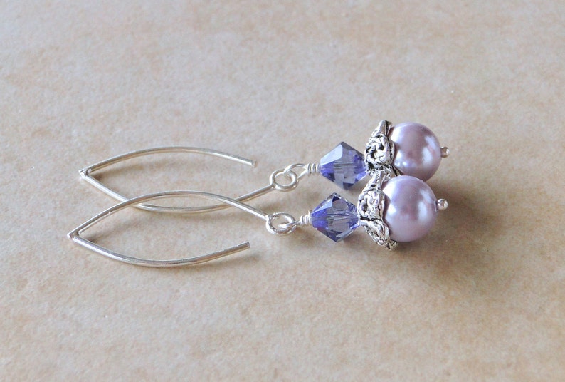 Lilac Glass pearlised Earrings Topped With A Sparkling Purple Swarovski Crystal image 2