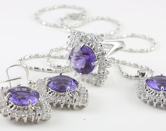 Purple And Clear Vintage Necklace, Earrings And Ring Set, Costume Jewelry