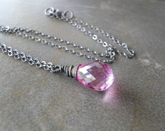 Pink Topaz Wire Wrapped Necklace On An Oxidized Sterling Silver Chain