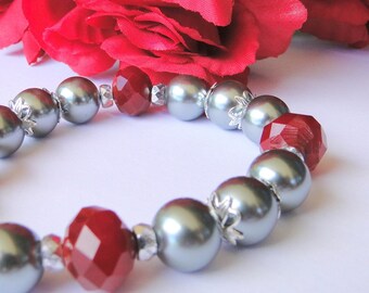 Dark Silver Glass Beads With Large Multi Faceted Red Rondelles, Bracelet