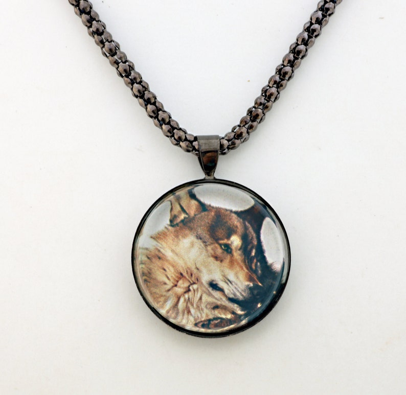 Brown Wolf Necklace, Gunmetal Black, Fine Art Print, Photo Jewelry image 4