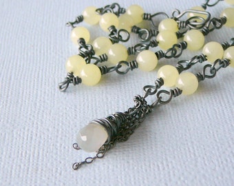 Lemon Jade Necklace, Sterling Silver Chain, Sterling Silver Wire and Moonstone. Creative Jewelry By Beadsme.