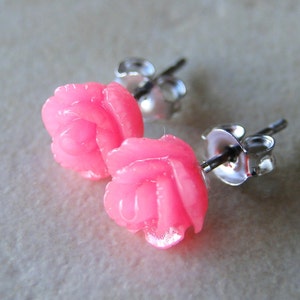 Hot Pink Carved Rose Silver Plated Studs image 2