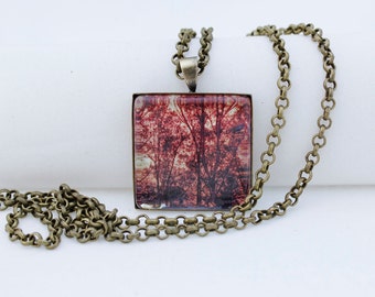 Sunrise Through The Trees, Square Pendant Necklace, Vintage Bronze, Photography, Photo Jewelry