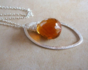 Medeira Citrine Briolette Necklace With Sterling Silver Brushed Texture Marquis Oval And Sterling Silver Chain