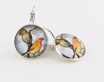 Bird Earrings, Picture Jewelry, Two Birds On A Branch