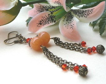 Orange Dangle Earrings With Tangerine Glass And Swarovski Crystals