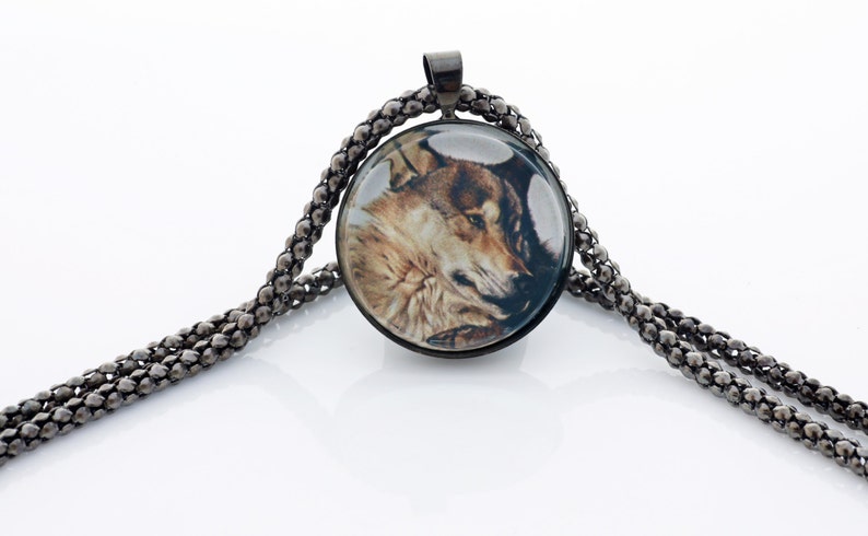 Brown Wolf Necklace, Gunmetal Black, Fine Art Print, Photo Jewelry image 1