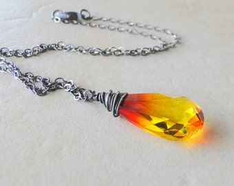 Fire Opal Swarovski Crystal  Briolette, Wire Wrapped Necklace, On A Sterling Silver Chain (427)