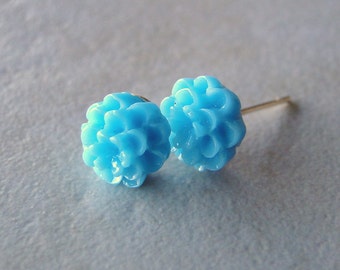 Blue Carved Flower Silver Plated Studs