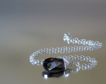 Silver Shadow Swarovski Crystal  Briolette, Wire Wrapped Necklace, Sterling Silver Chain, Dark Necklace, Grey Necklace