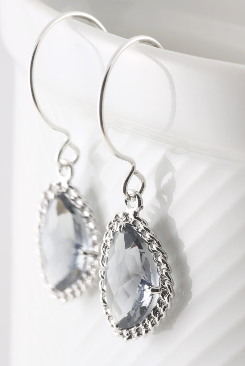 Charcoal Glass Earrings With A Shiny Silver Tone Chain Frame image 4