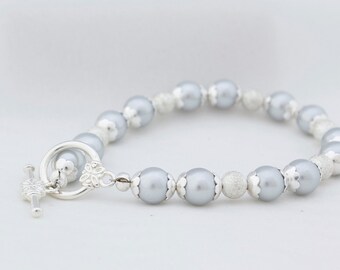 Silver Pearl Glass Bracelet, Wedding Jewelry