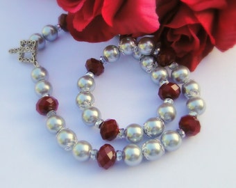 Silver Glass Beads With Large Multi Faceted Red Rondelles, Necklace