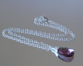 Mauve Swarovski Crystal  Briolette, Wire Wrapped Necklace, Sterling Silver Chain, Dark Necklace, Grey Necklace