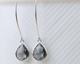 Charcoal Teardrop Earrings On Silver Ear Hooks