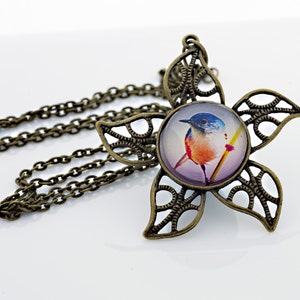 Cute Bird Perched Necklace, Vintage Bronze, Digital Art Picture Jewelry image 1