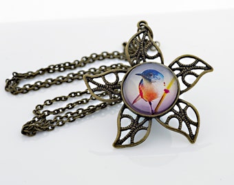 Cute Bird Perched Necklace, Vintage Bronze,  Digital Art Picture Jewelry