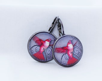 Hot Pink Hummingbird Earrings, Fine Art Print, Picture Jewelry