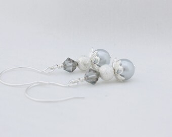 Dangling Silver Glass Pearl Earrings, Wedding Jewelry